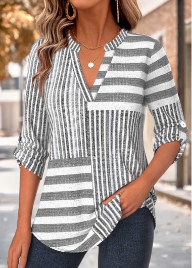 women clothes image of Light Grey Striped Curved Hem 3/4 Sleeve Shirt