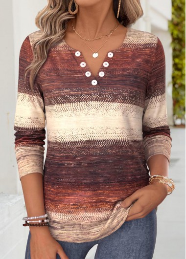 women clothes image of Terracotta Geometric Print Button Long Sleeve T Shirt