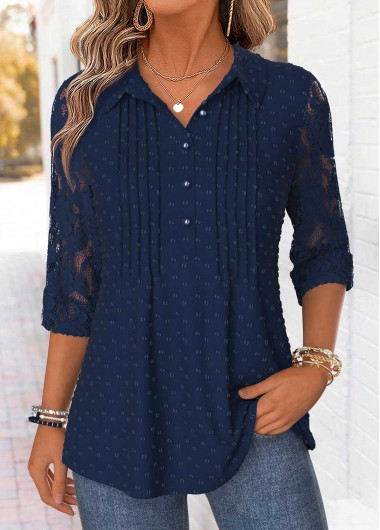 women clothes image of Navy Patchwork 3/4 Sleeve Shirt Collar Blouse