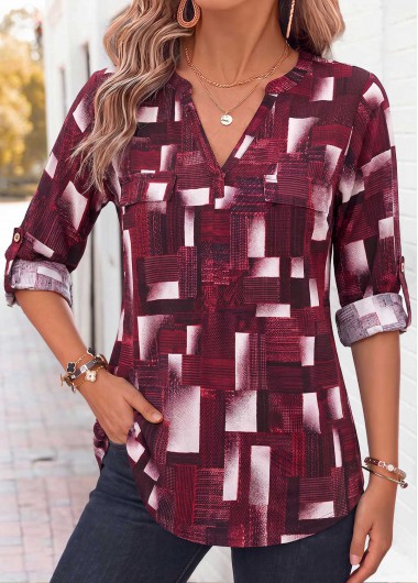 women clothes image of Red Geometric Print Patch Pocket Long Sleeve Blouse