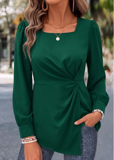 women clothes image of Green Wrap Long Sleeve Square Neck Shirt