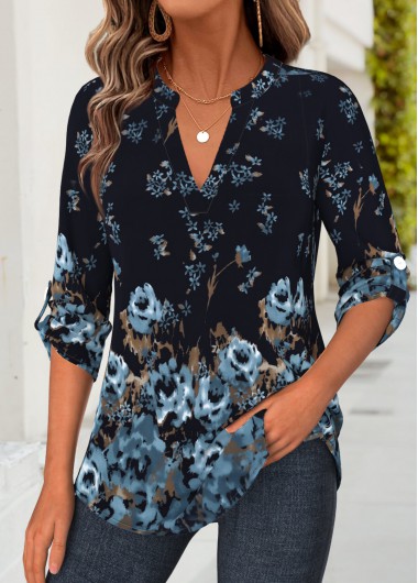 women clothes image of Black Floral Print Curved Hem 3/4 Sleeve Shirt