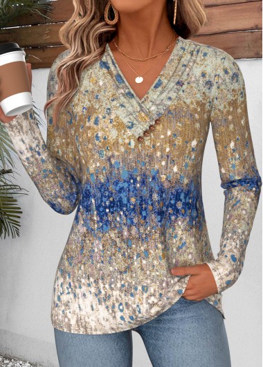 women clothes image of Multi Color Ombre Shirred Long Sleeve T Shirt