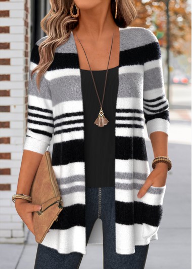 women clothes image of Black Striped Double Side Pockets Long Sleeve Cardigan