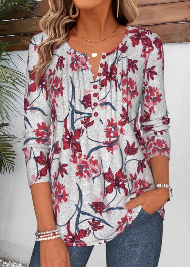 women clothes image of Multi Color Floral Print Tuck Stitch T Shirt