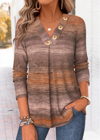 women clothes image of Dark Coffee Multi Stripe Print Pleated T Shirt