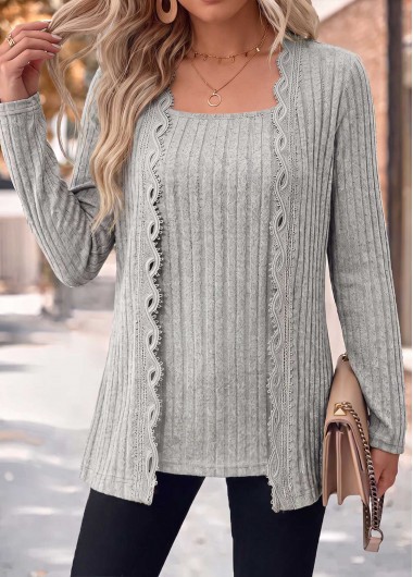 women clothes image of Light Grey Marl Long Sleeve Fake Two Piece Twinset