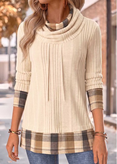 women clothes image of Beige Plaid Fake 2in1 Long Sleeve Cowl Neck Sweatshirt