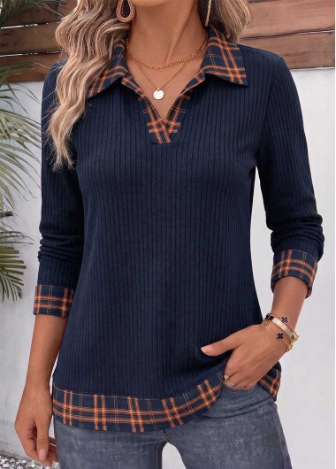women clothes image of Navy Plaid Patchwork Long Sleeve T Shirt