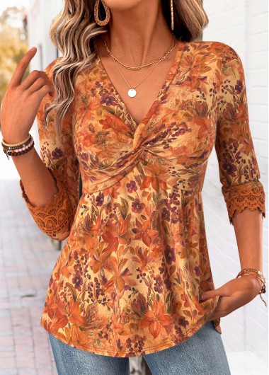 women clothes image of Orange Floral Print Patchwork Long Sleeve T Shirt
