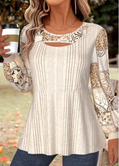 women clothes image of Beige Tribal Print Layered Long Sleeve T Shirt