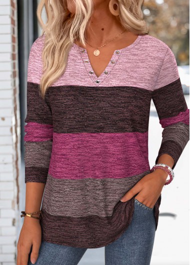 women clothes image of Multi Color Striped Eyelet Long Sleeve T Shirt
