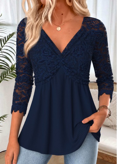 women clothes image of Navy Twist Long Sleeve V Neck T Shirt