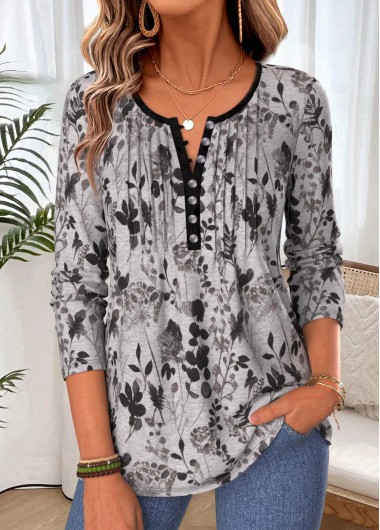 women clothes image of Light Grey Marl Leaf Print Tuck Stitch T Shirt