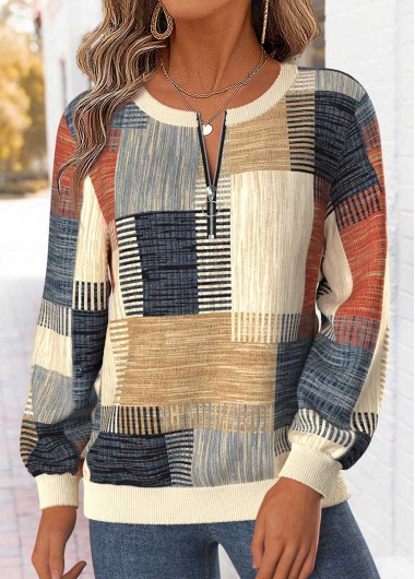 women clothes image of Multi Color Geometric Print Tummy Coverage Long Sleeve Sweatshirt