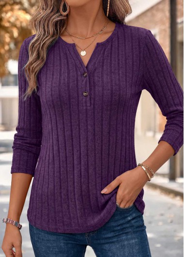 women clothes image of Purple Tummy Coverage Long Sleeve Split Neck T Shirt