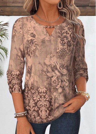 women clothes image of Light Coffee Tribal Print Shirred 3/4 Sleeve Blouse