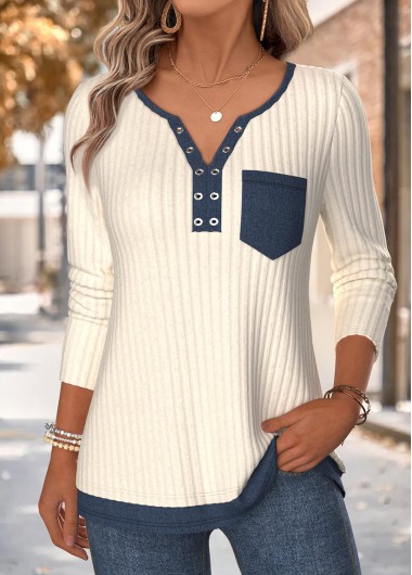women clothes image of Beige Single Chest Pocket Long Sleeve T Shirt