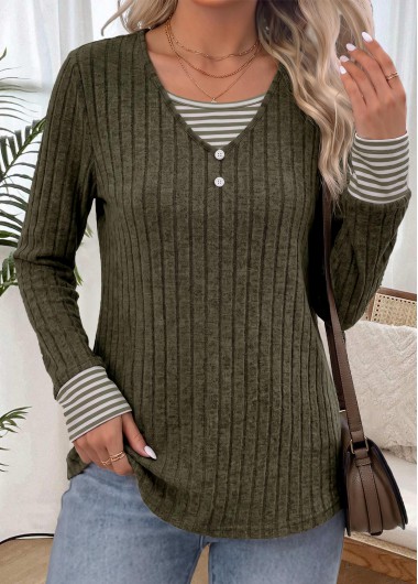 women clothes image of Blackish Green Striped Fake 2in1 Long Sleeve T Shirt