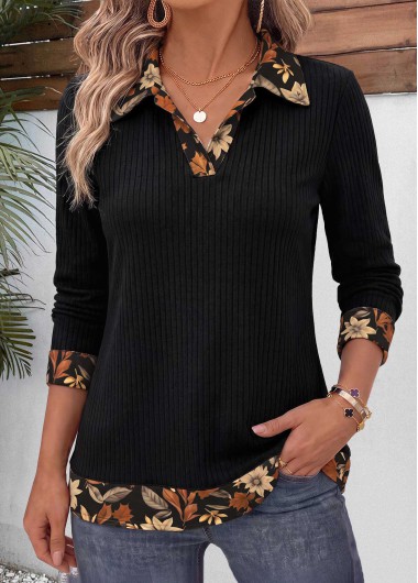 women clothes image of Black Floral Print Patchwork Long Sleeve T Shirt