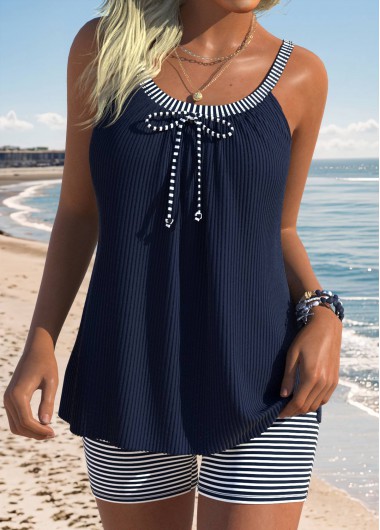 women clothes image of Navy Mid Waisted Bowknot Striped Tankini Set