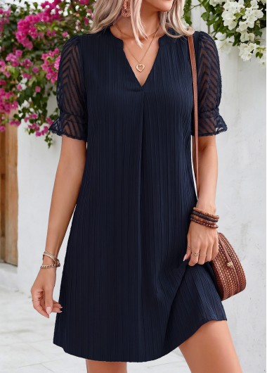 women clothes image of Navy Short Curved Hem Split Neck Dress