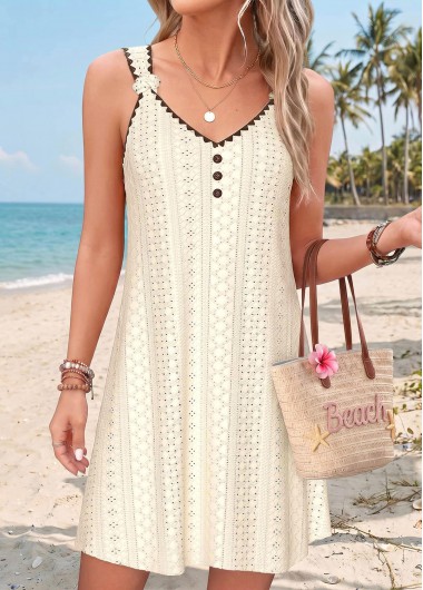 women clothes image of Beige Short Curved Hem Sleeveless V Neck Dress