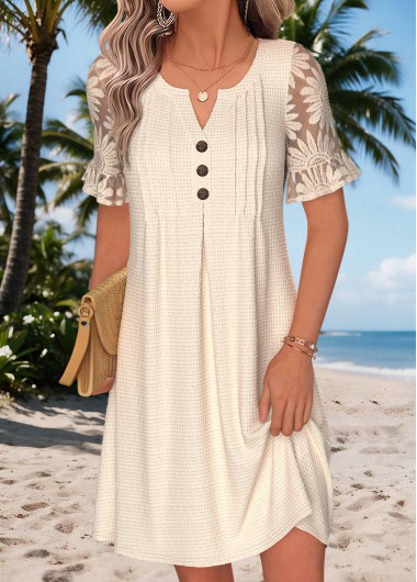 women clothes image of Beige Short Patchwork Split Neck Dress
