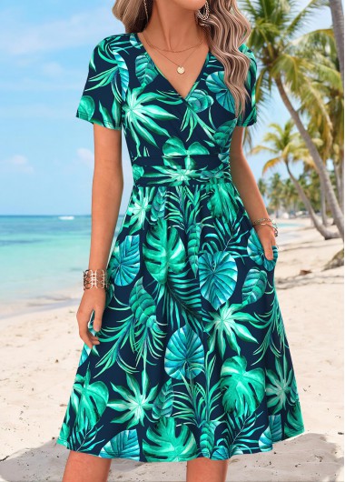 women clothes image of Cyan Tropical Plants Print Curved Hem Short Sleeve Dress