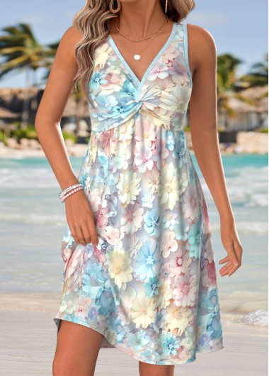 women clothes image of Blue Floral Print Short Shirred Sleeveless V Neck Dress