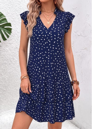 women clothes image of Navy Leaf Print Ruffle Short Sleeve V Neck Dress