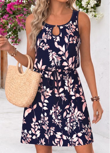 women clothes image of Navy Leaf Print Short Corset Sleeveless Round Neck Dress