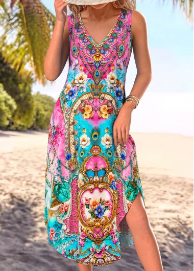 women clothes image of Pink Tribal Print Tummy Coverage Sleeveless V Neck Dress