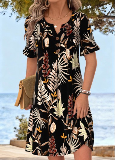 women clothes image of Black Floral Print Short Tuck Stitch Split Neck Dress