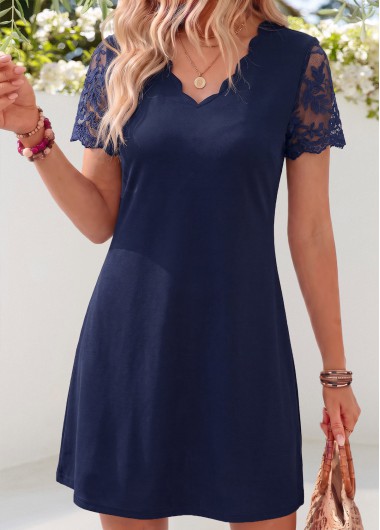 women clothes image of Navy Short Patchwork A Line V Neck Dress