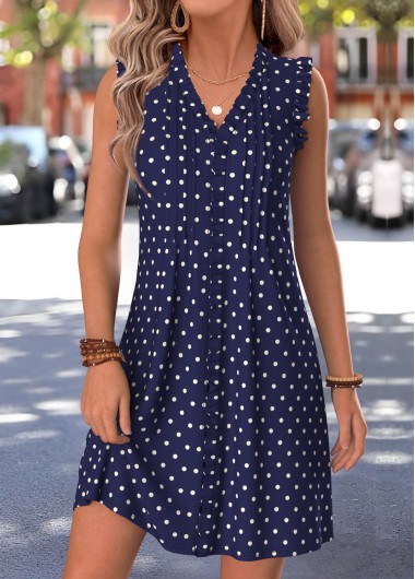 women clothes image of Navy Polka Dot Short Frill A Line Sleeveless Dress