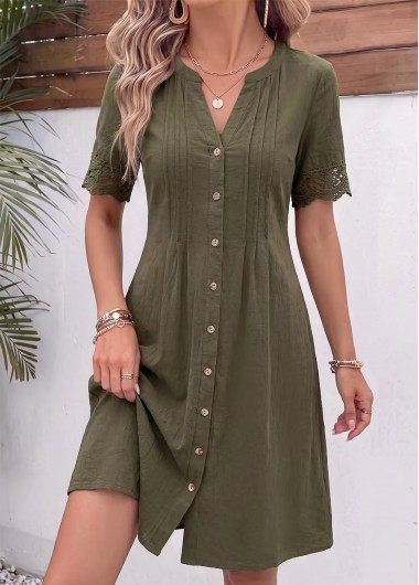 women clothes image of Olive Green Short Tuck Stitch A Line Dress