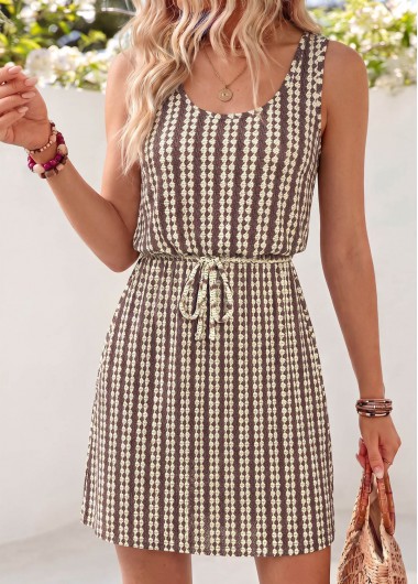 women clothes image of Light Camel Striped Short Tummy Coverage Sleeveless Dress