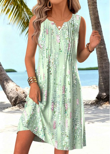 women clothes image of Green Geometric Print Short Tuck Stitch A Line Dress