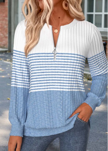 women clothes image of Blue Striped Zipper Long Sleeve Round Neck Sweatshirt