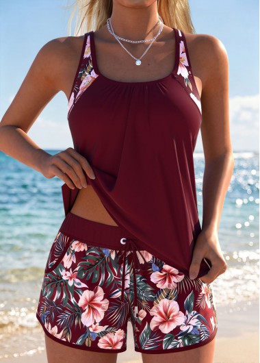 women clothes image of Wine Red Mid Waisted Pocket Floral Print Tankini Set