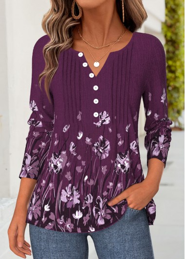 women clothes image of Purple Floral Print Tuck Stitch Long Sleeve T Shirt