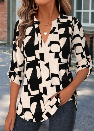 women clothes image of Black Geometric Print Curved Hem 3/4 Sleeve Shirt