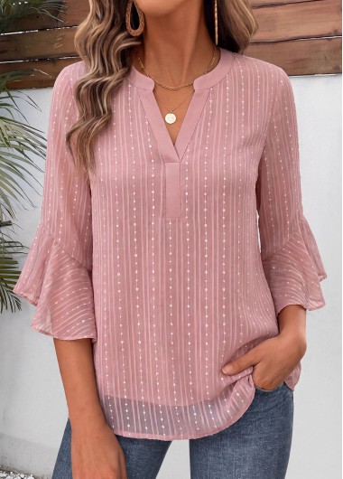 women clothes image of Pink Ruffle 3/4 Sleeve Split Neck Shirt