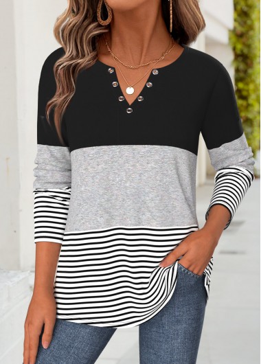 women clothes image of Black Striped Eyelet Long Sleeve Split Neck T Shirt