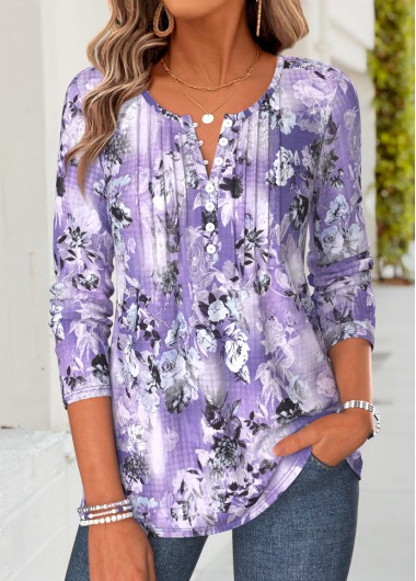women clothes image of Purple Random Floral Print Tuck Stitch T Shirt