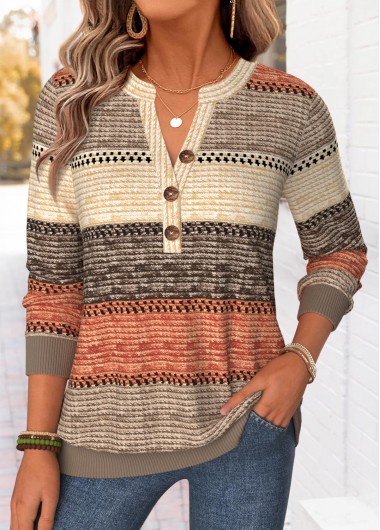 women clothes image of Dark Coffee Striped Tummy Coverage Long Sleeve Sweatshirt