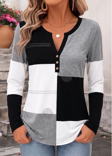 women clothes image of Black Geometric Print Tummy Coverage Long Sleeve T Shirt