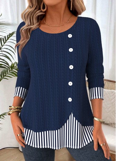 women clothes image of Navy Striped Patchwork Long Sleeve Round Neck T Shirt