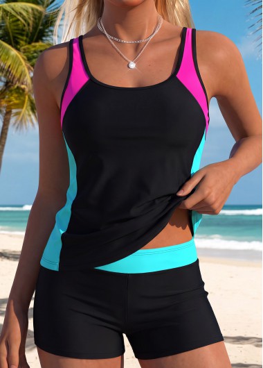 women clothes image of Black Mid Waisted Patchwork Tankini Set
